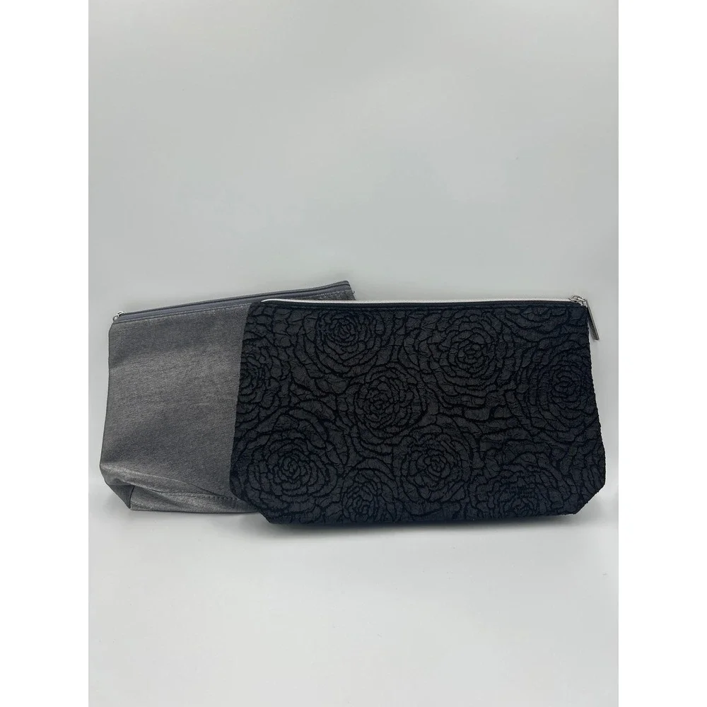 Lancome Cosmetic Bag Set 2pc Black‎ Textured Rose & Grey Metallic Pewter Floral
